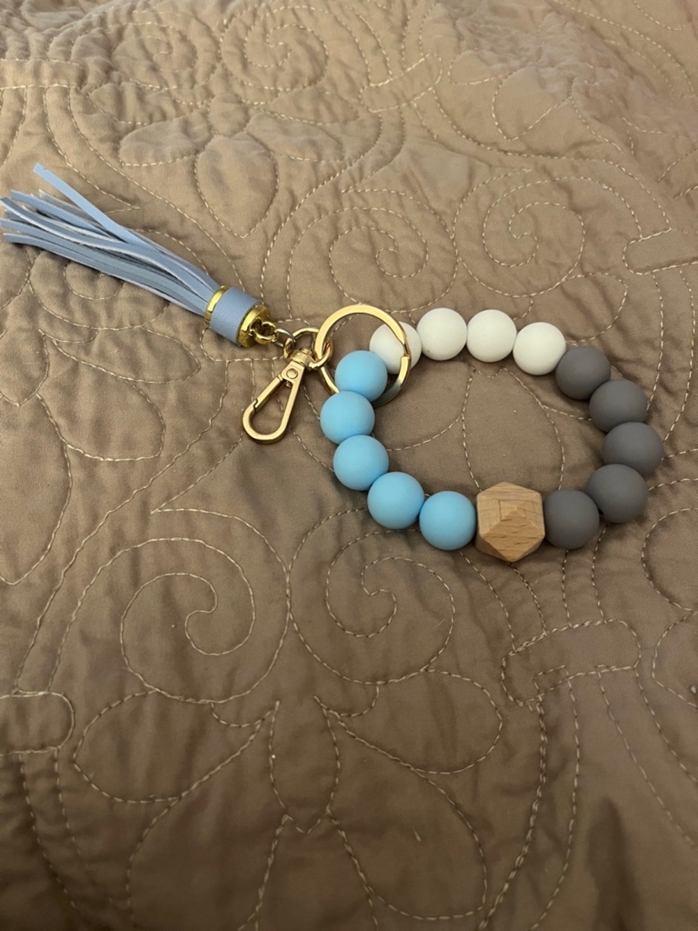 Beaded Tassel Keychain Wristlet - Blue, White, Gray